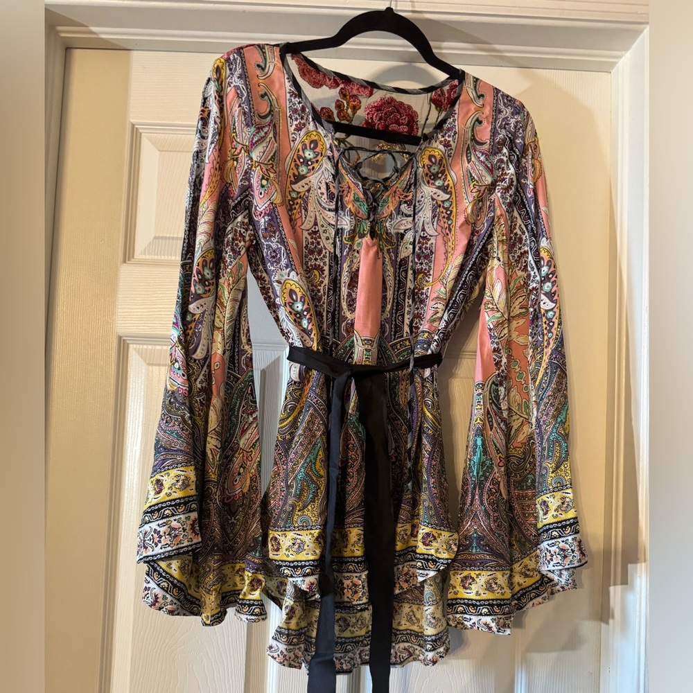 Boho Print Top Lace Up Front Bell Sleeve Black Tie Belt If You Choose Sz S-M